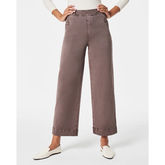 SPANX Taupe Cropped Wide-Leg Pants Stretch Twill Pull-On Size XL NEW - Picture 1 of 9